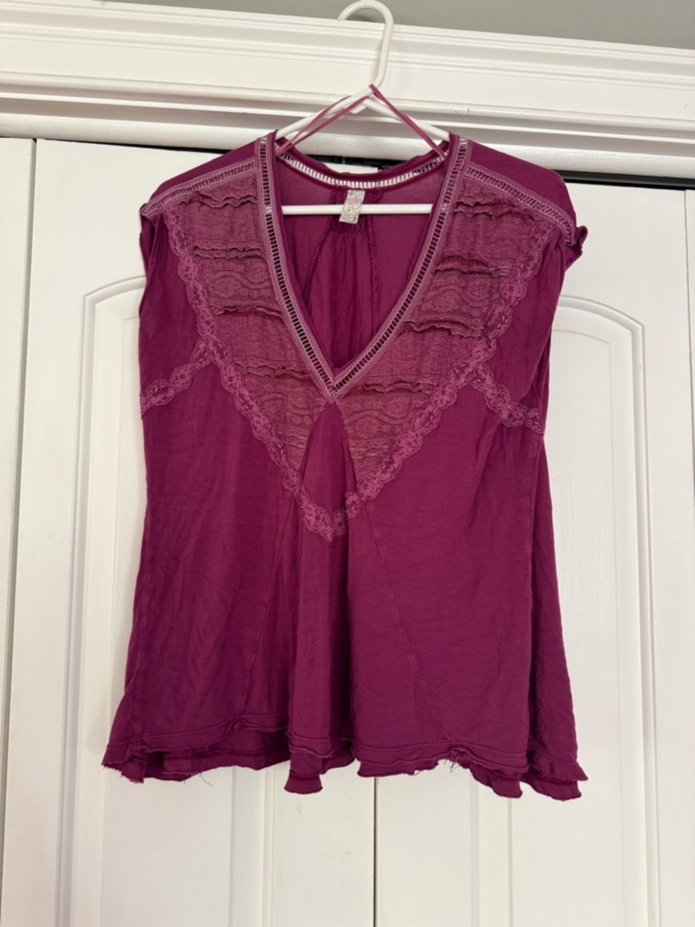 Free People Plum V-Neck Lace-Trim Flowy Top